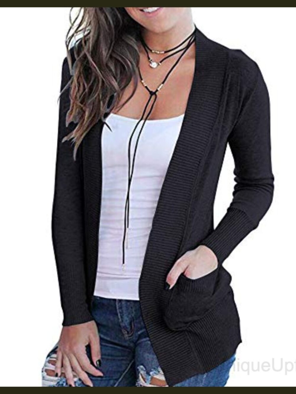 Long Sleeve Open Front Cardigan with Pockets Viscose Nylon Knit